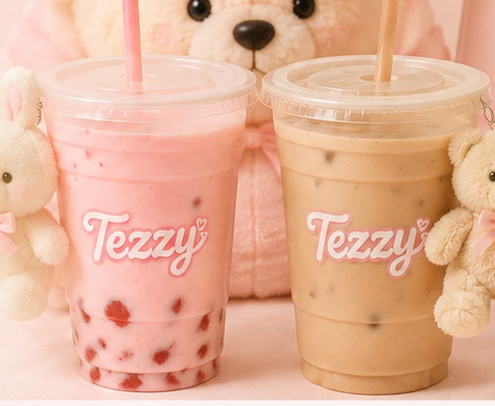 A strawberry milkshake and an iced latte side by side, each with a plush friend clipped to the cup