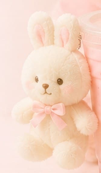 A cream plush bunny with a pink bow leaning against a drink